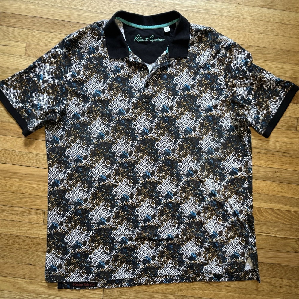 Robert Graham Eastby Geometric Camo Check Print Bold Polo Shirt Men's L‎ Neutral